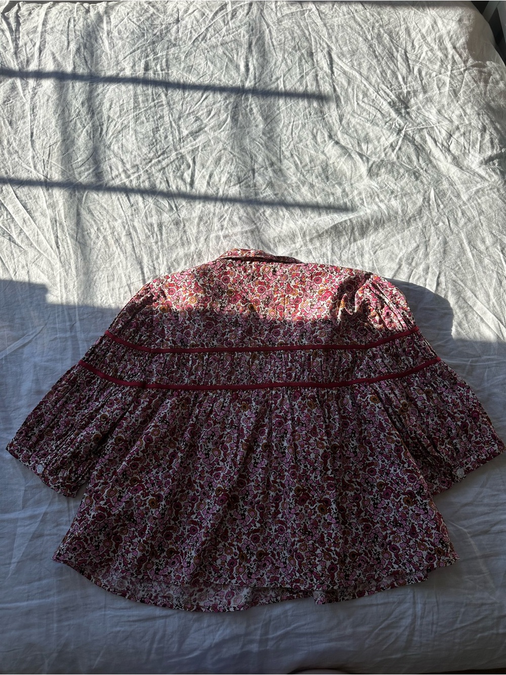 Maeve Floral Button-Front Puff-Sleeve Top in Burgundy and Pink - Picture 5 of 6